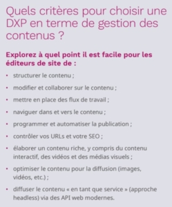 liste de criteres pour choisir une dxp en termes de gestion des contenus